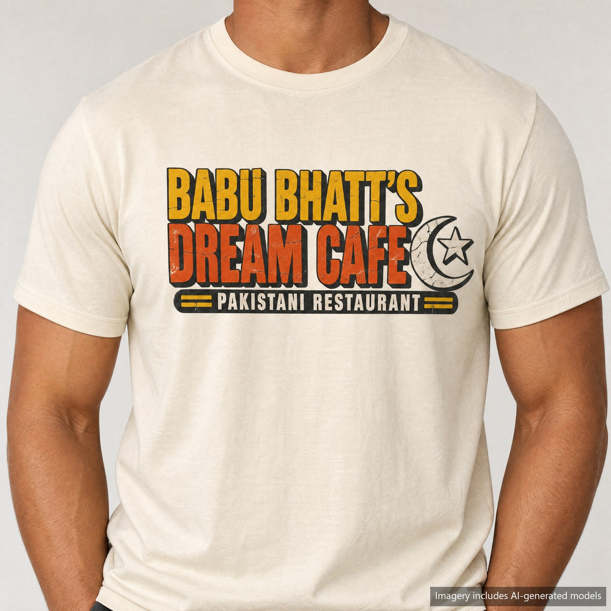 Babu Bhatt's Dream Cafe T-shirt, laid flat