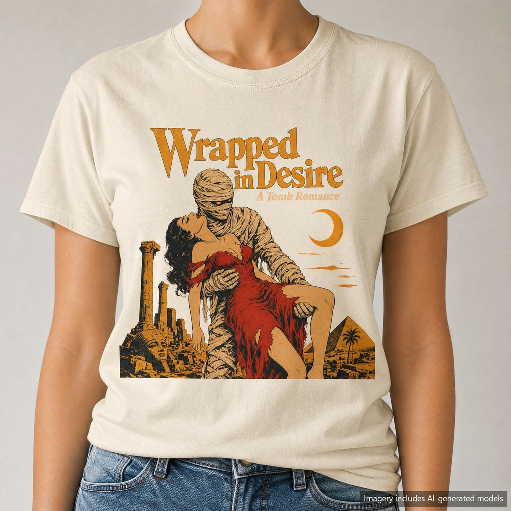 Wrapped in Desire Mummy Romance Novel T-shirt, laid flat