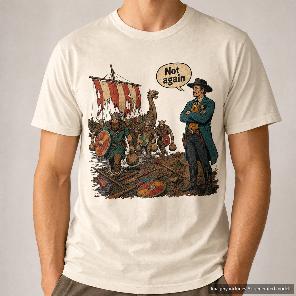 Not Again Viking Longship Landing T-shirt, laid flat