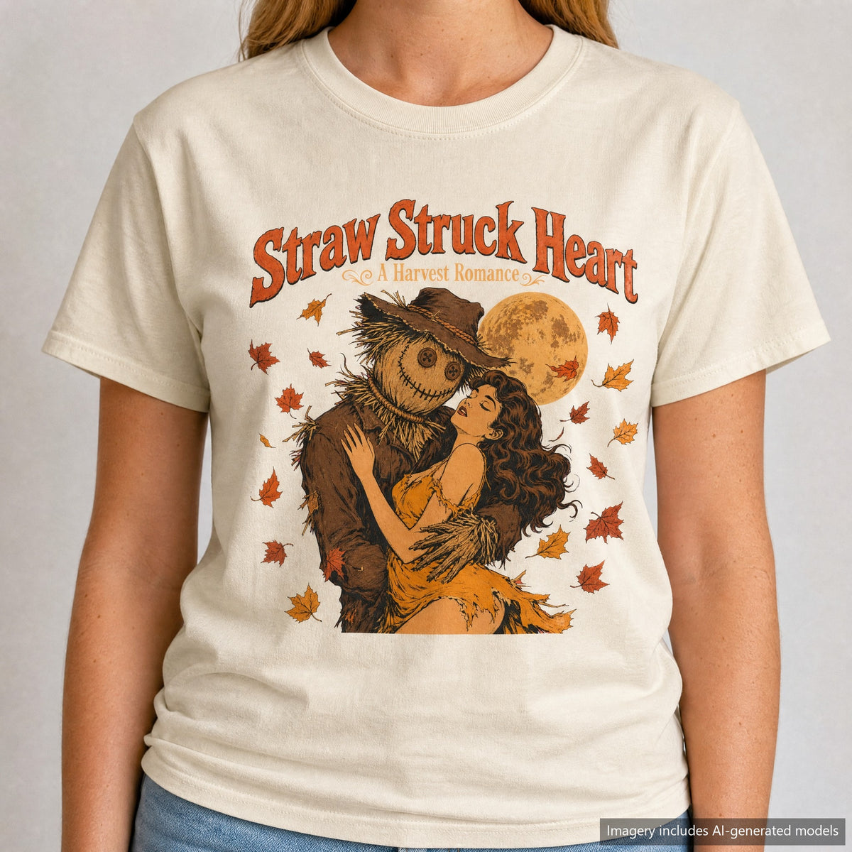 Straw Struck Heart Scarecrow Romance Novel T-shirt, laid flat