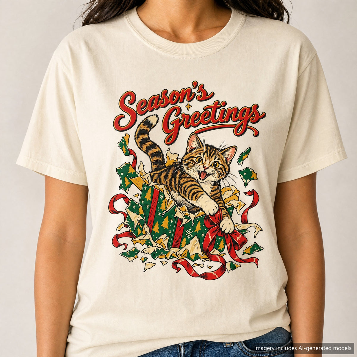 Season's Greetings T-shirt, laid flat