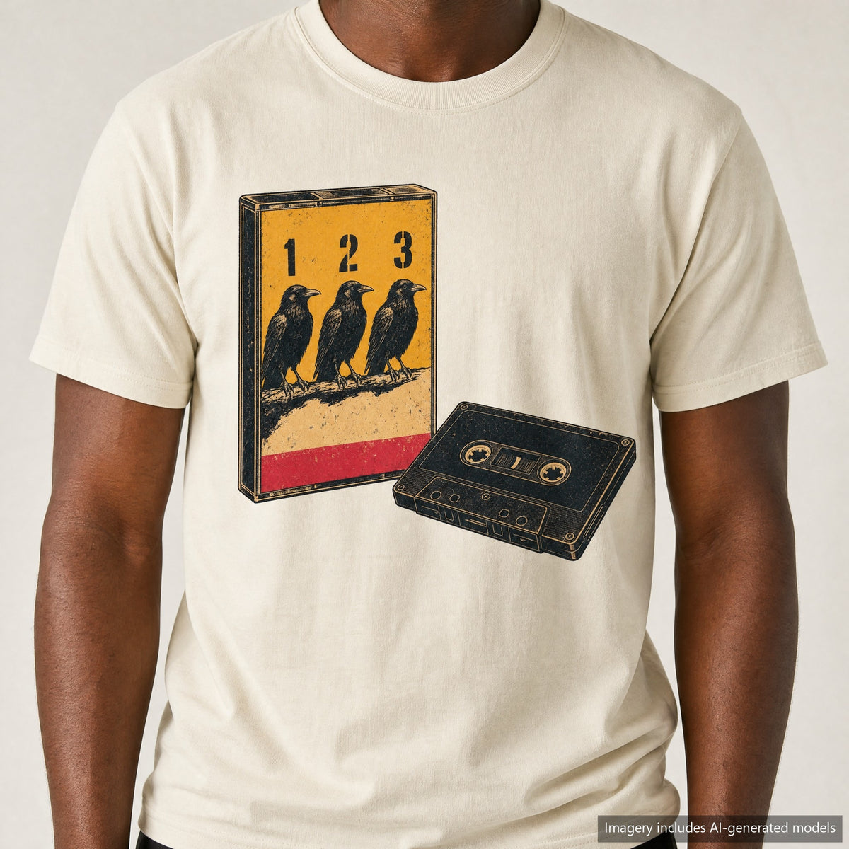 Three Crows Cassette T-shirt, laid flat