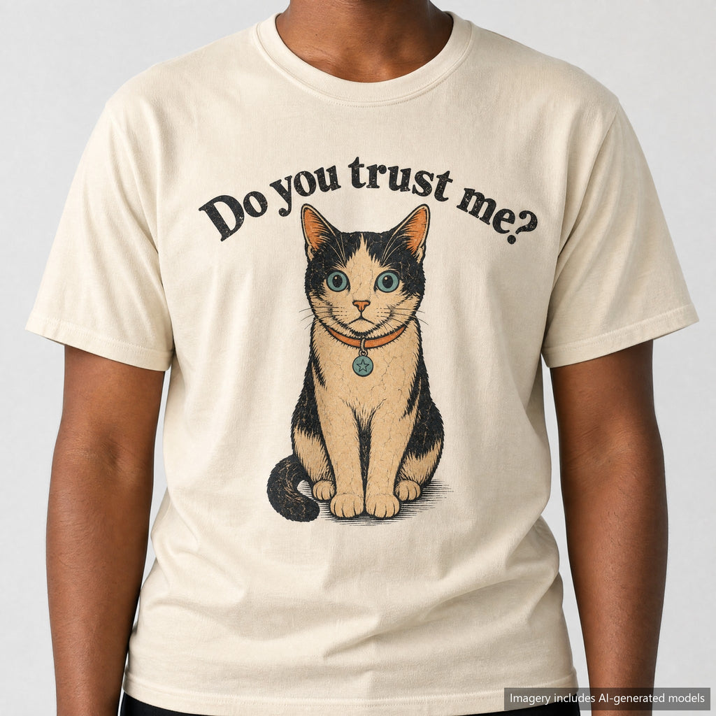 Do You Trust Me Cat T-shirt, laid flat