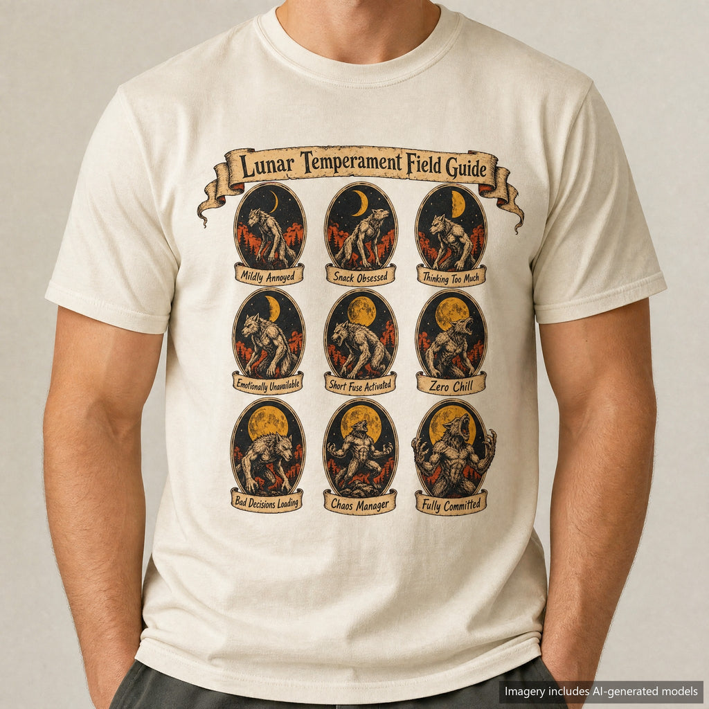 Lunar Temperament Field Guide T-shirt, laid flat