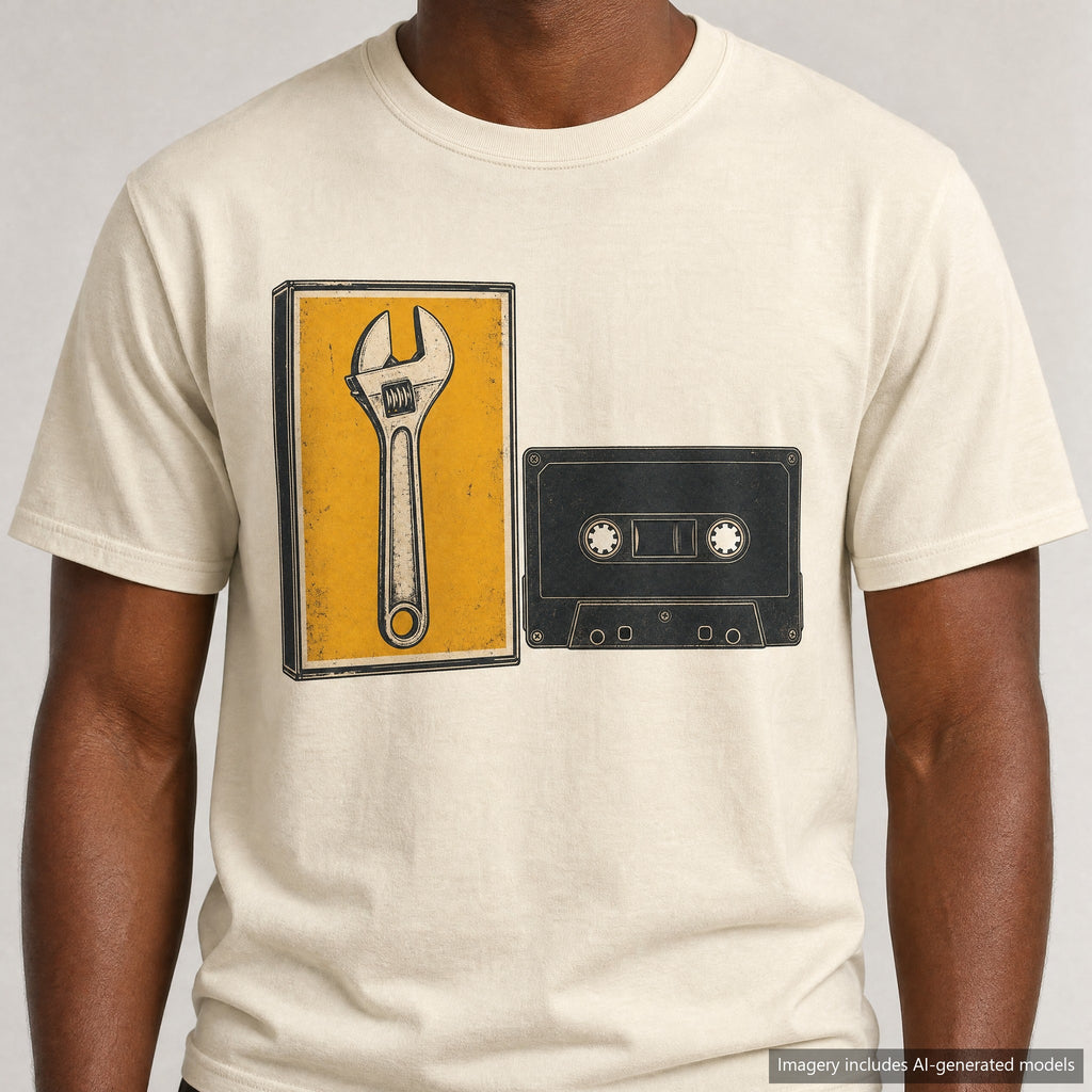 Wrench Pun Cassette Tape T-shirt, laid flat