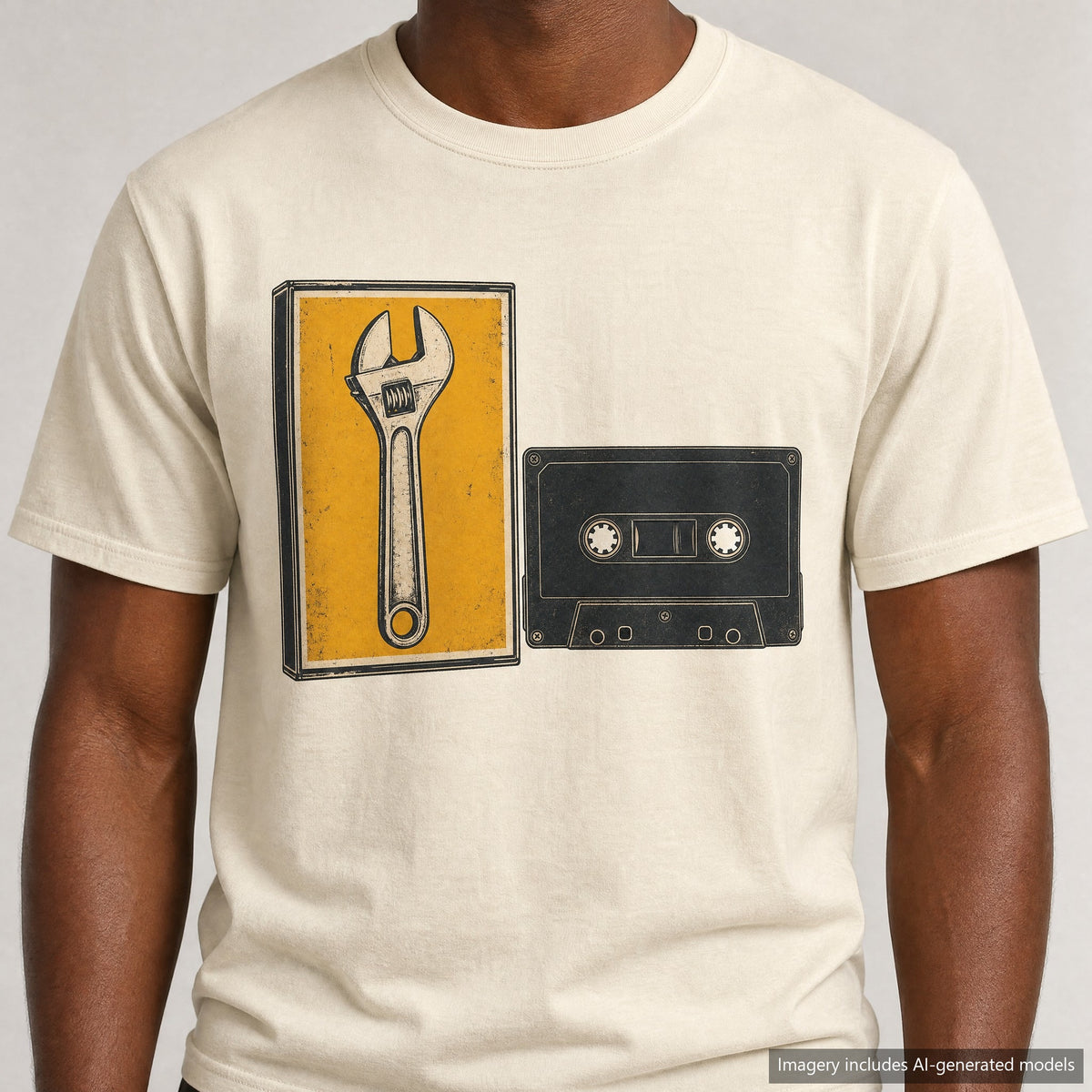 Wrench Pun Cassette Tape T-shirt, laid flat
