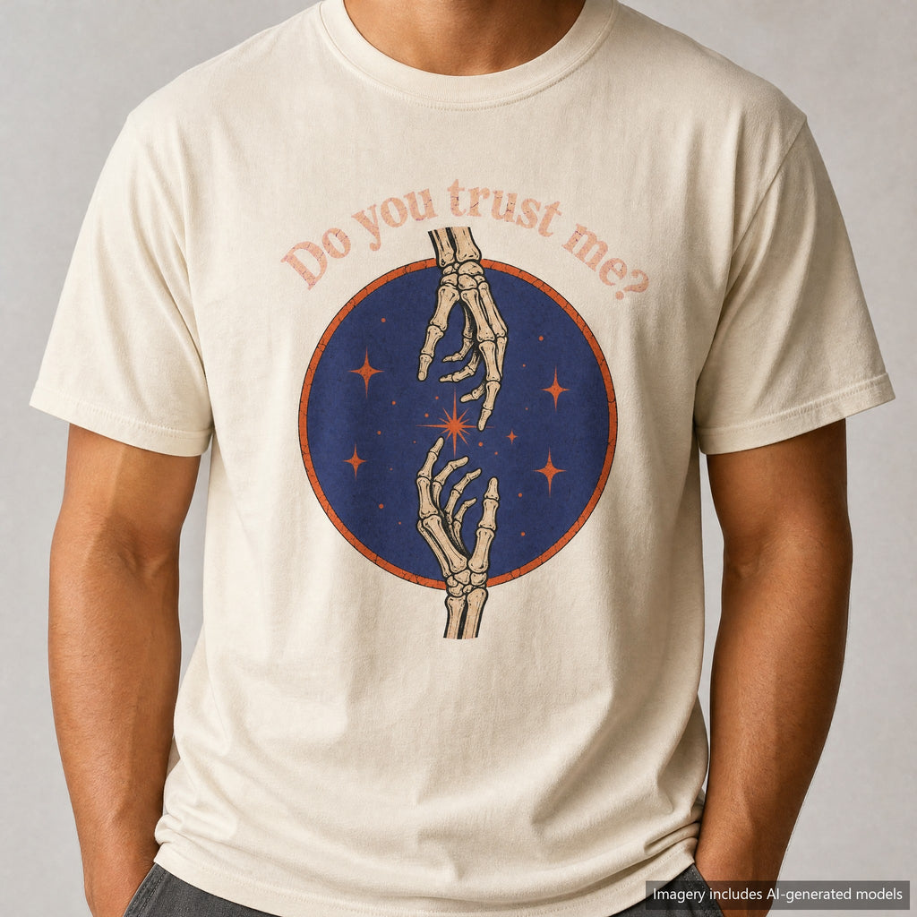 Do You Trust Me Skeleton Hands T-shirt, laid flat