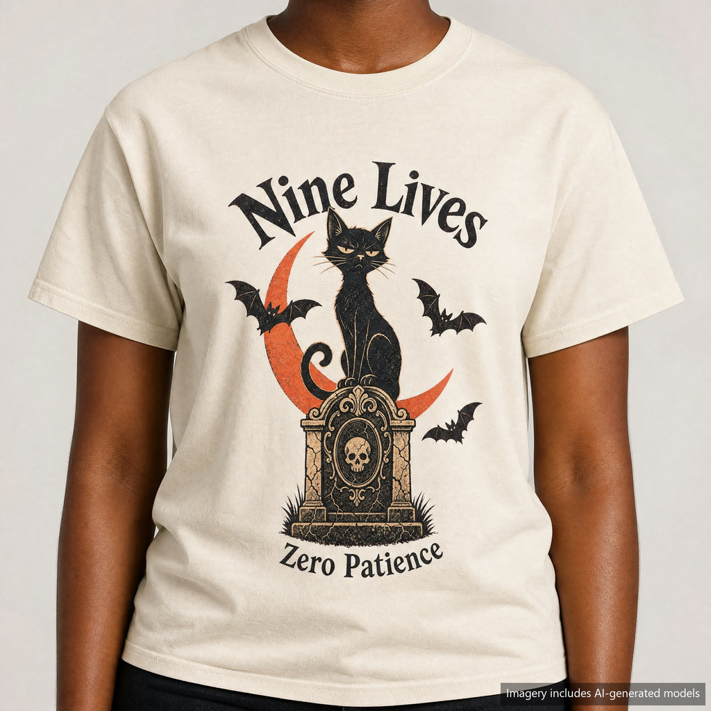 Nine Lives Zero Patience T-shirt, laid flat