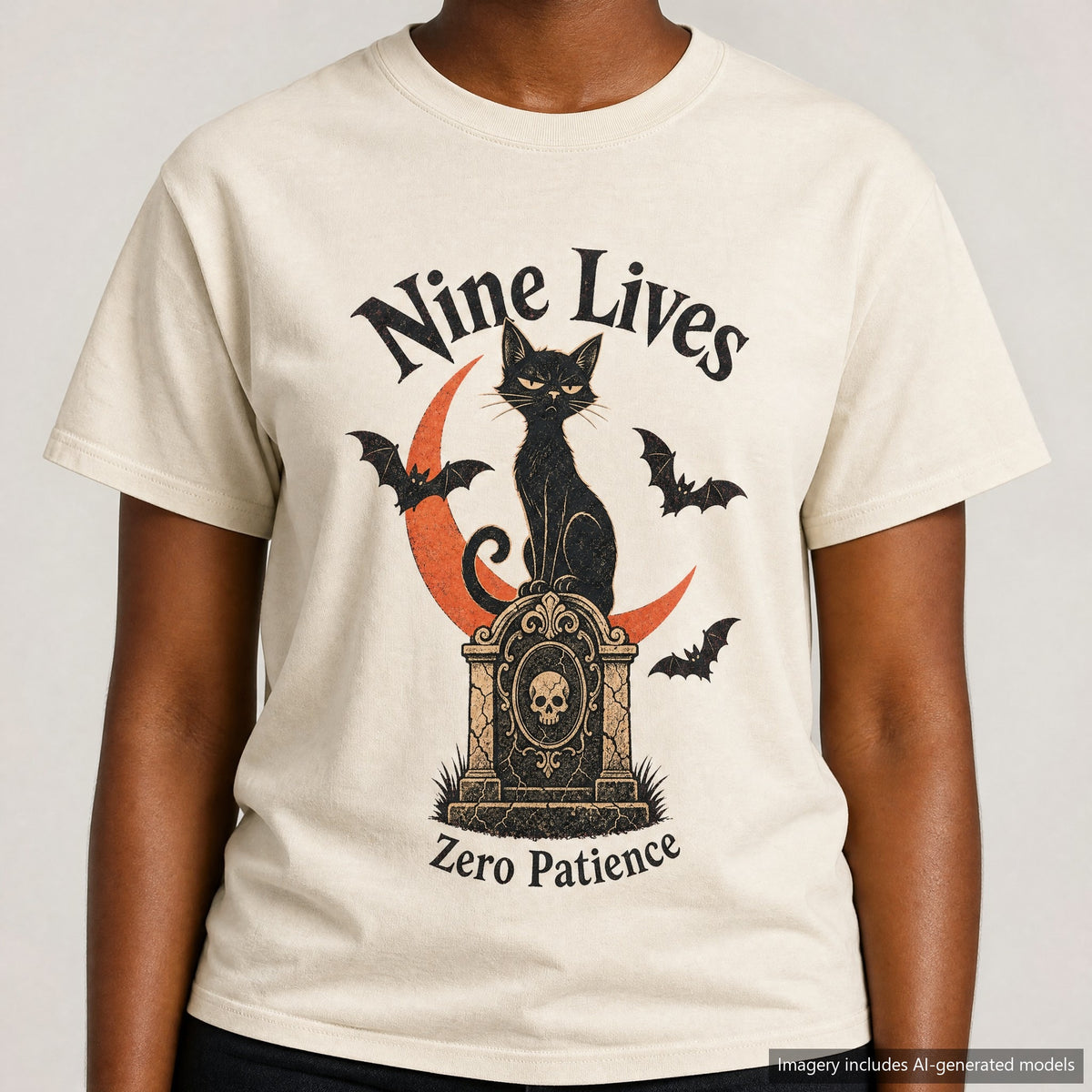 Nine Lives Zero Patience T-shirt, laid flat
