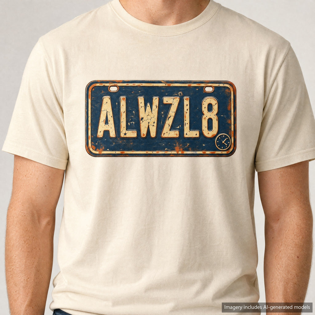 Always Late License Plate T-shirt, laid flat
