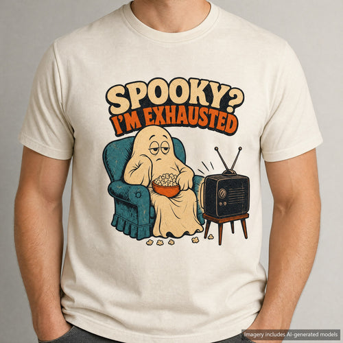 Spooky I'm Exhausted Ghost T-shirt, laid flat