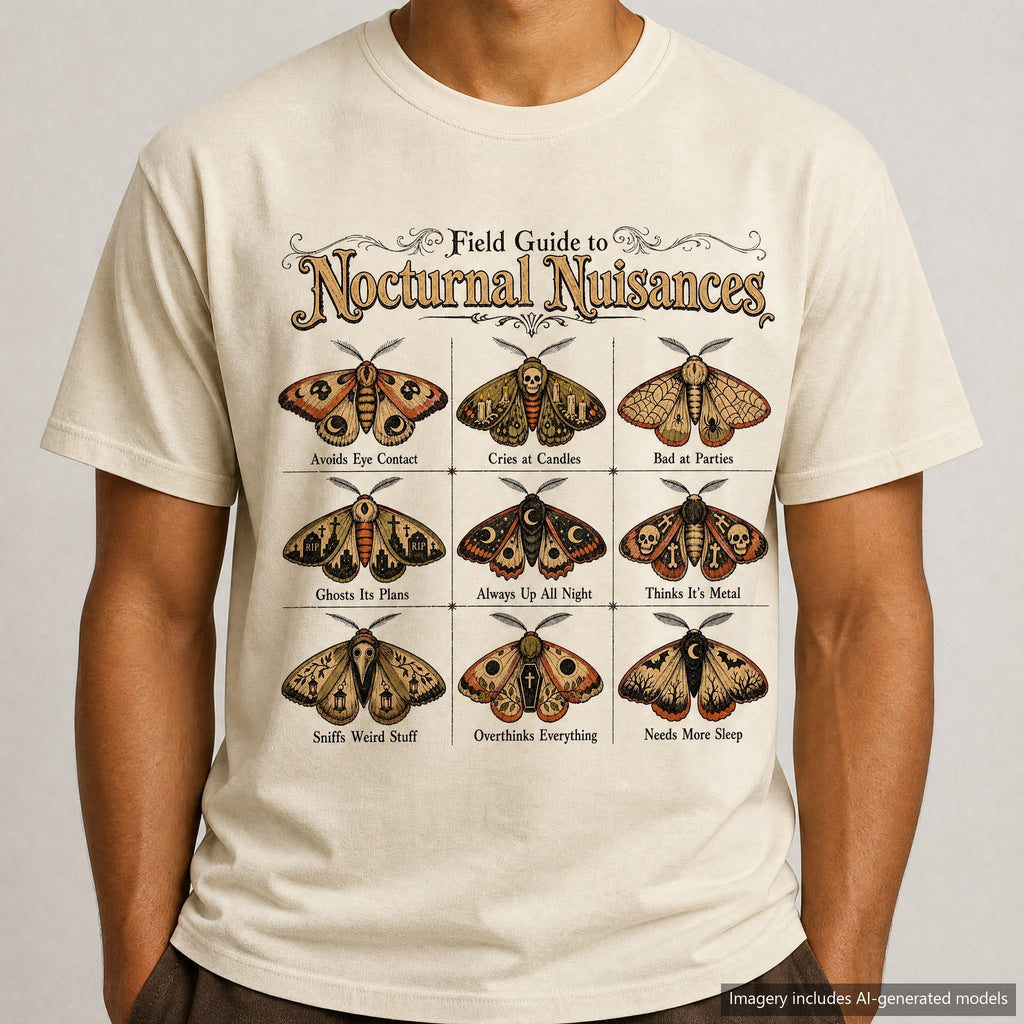 Field Guide to Nocturnal Nuisances T-shirt, laid flat