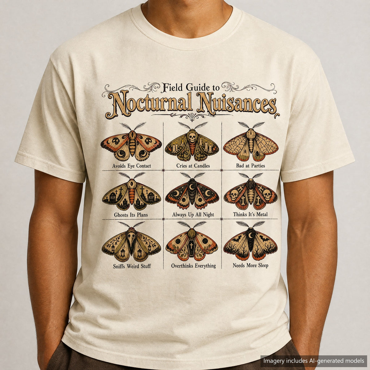 Field Guide to Nocturnal Nuisances T-shirt, laid flat