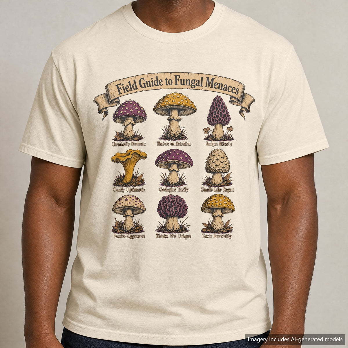 Field Guide to Fungal Menaces T-shirt, laid flat