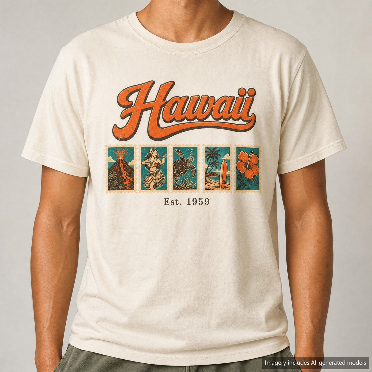 Hawaii Postage Stamp T-shirt, laid flat