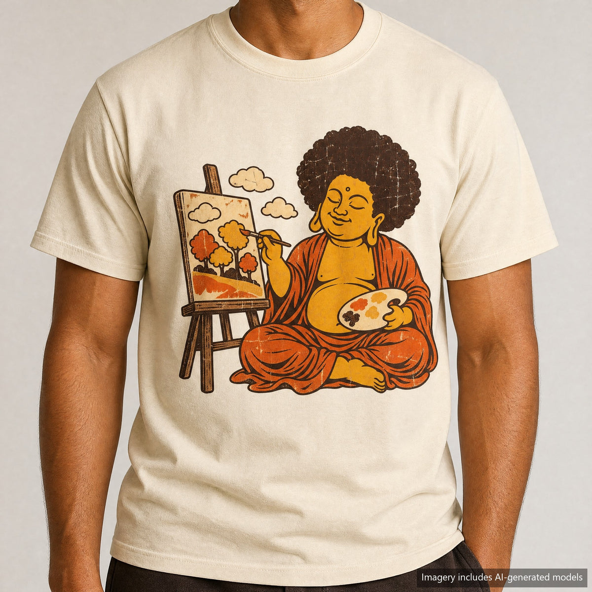 Painting Buddha T-shirt, laid flat