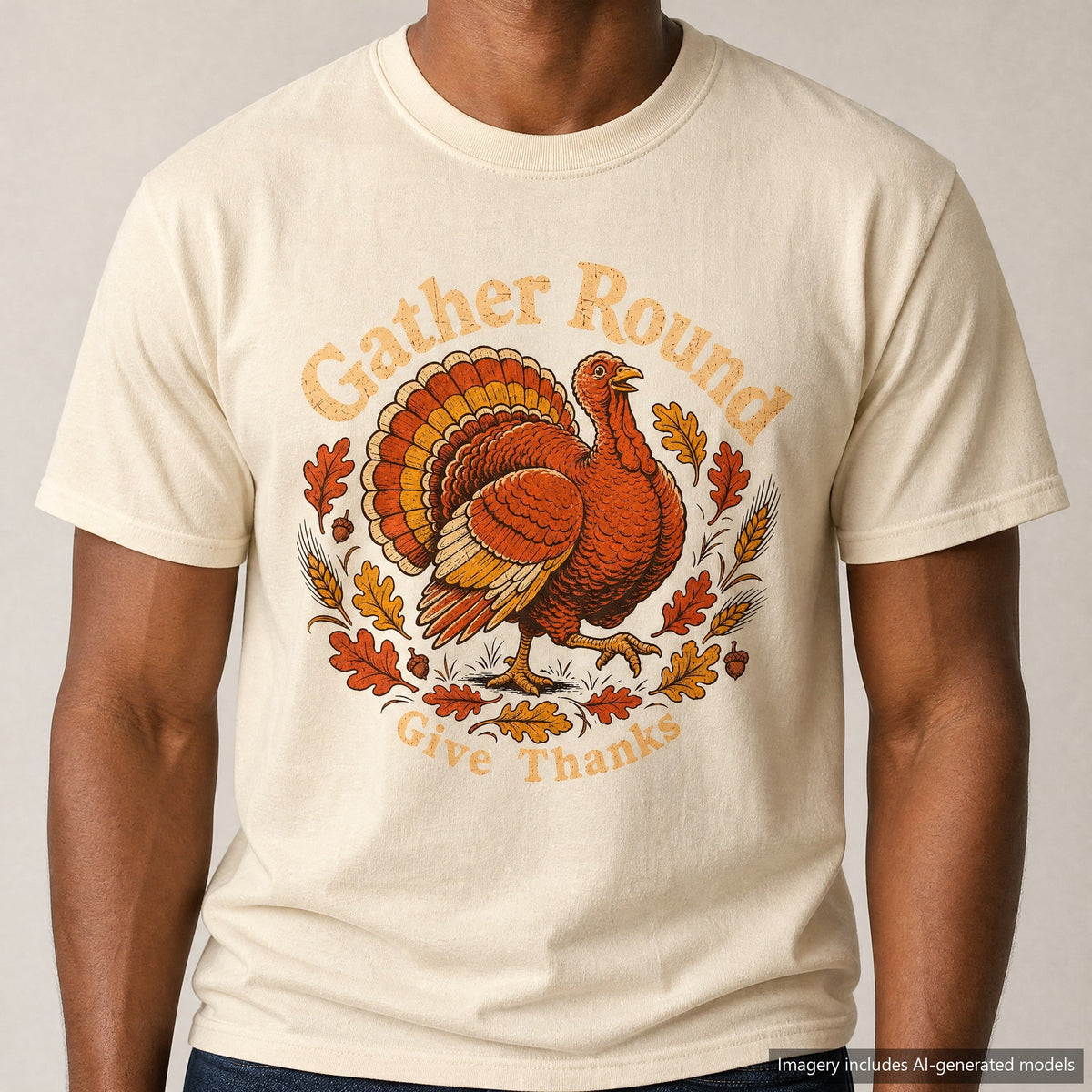 Gather Round Give Thanks Turkey T-shirt, laid flat