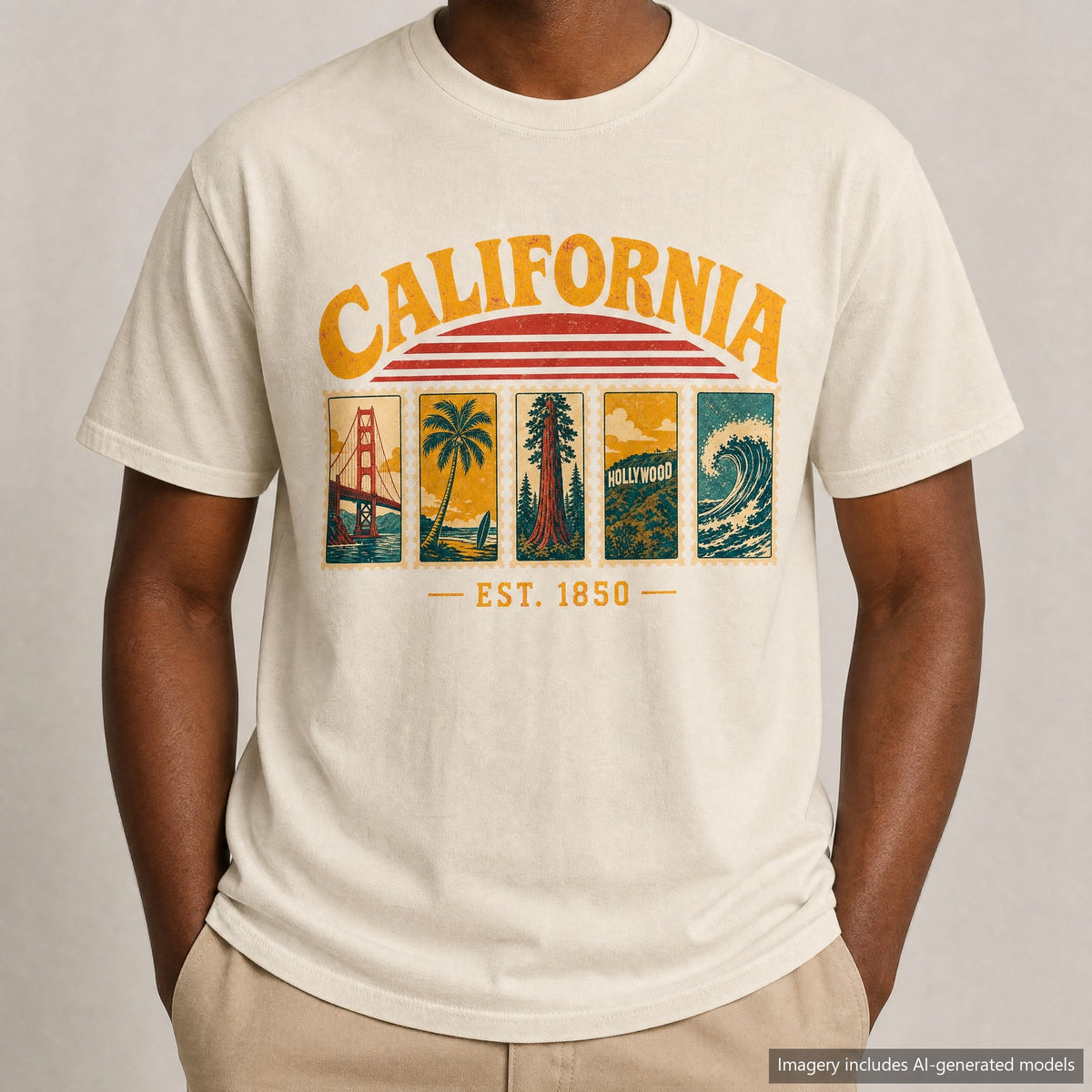 California Postage Stamp T-shirt, laid flat