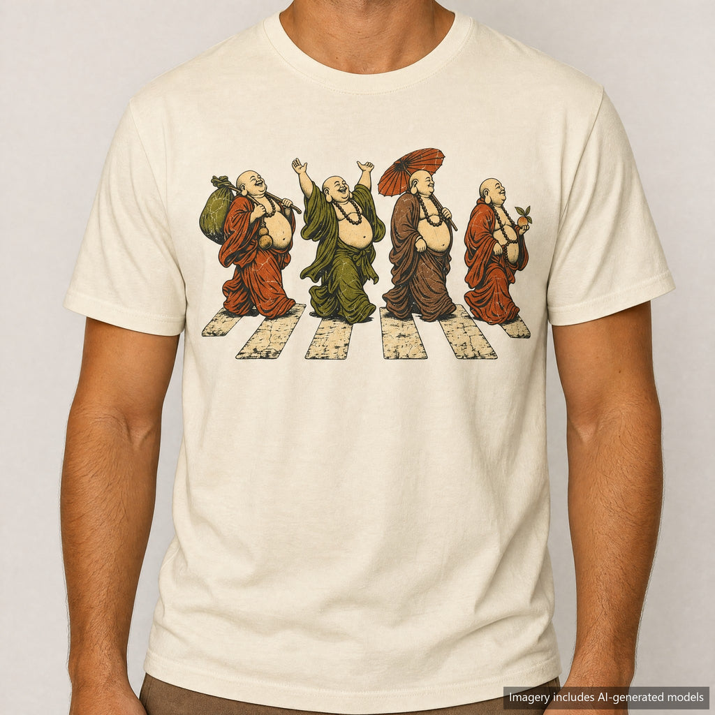 Buddha Abbey Road T-shirt, laid flat