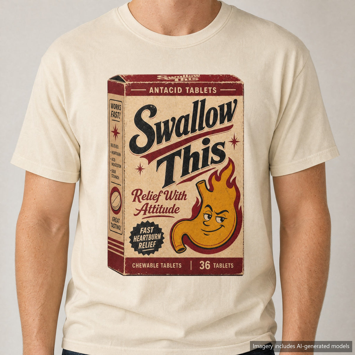 Swallow This Antacid Box T-shirt, laid flat