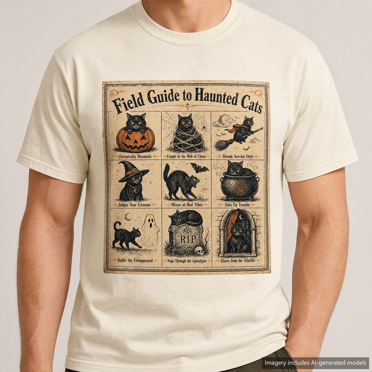 Field Guide to Haunted Cats T-shirt, laid flat