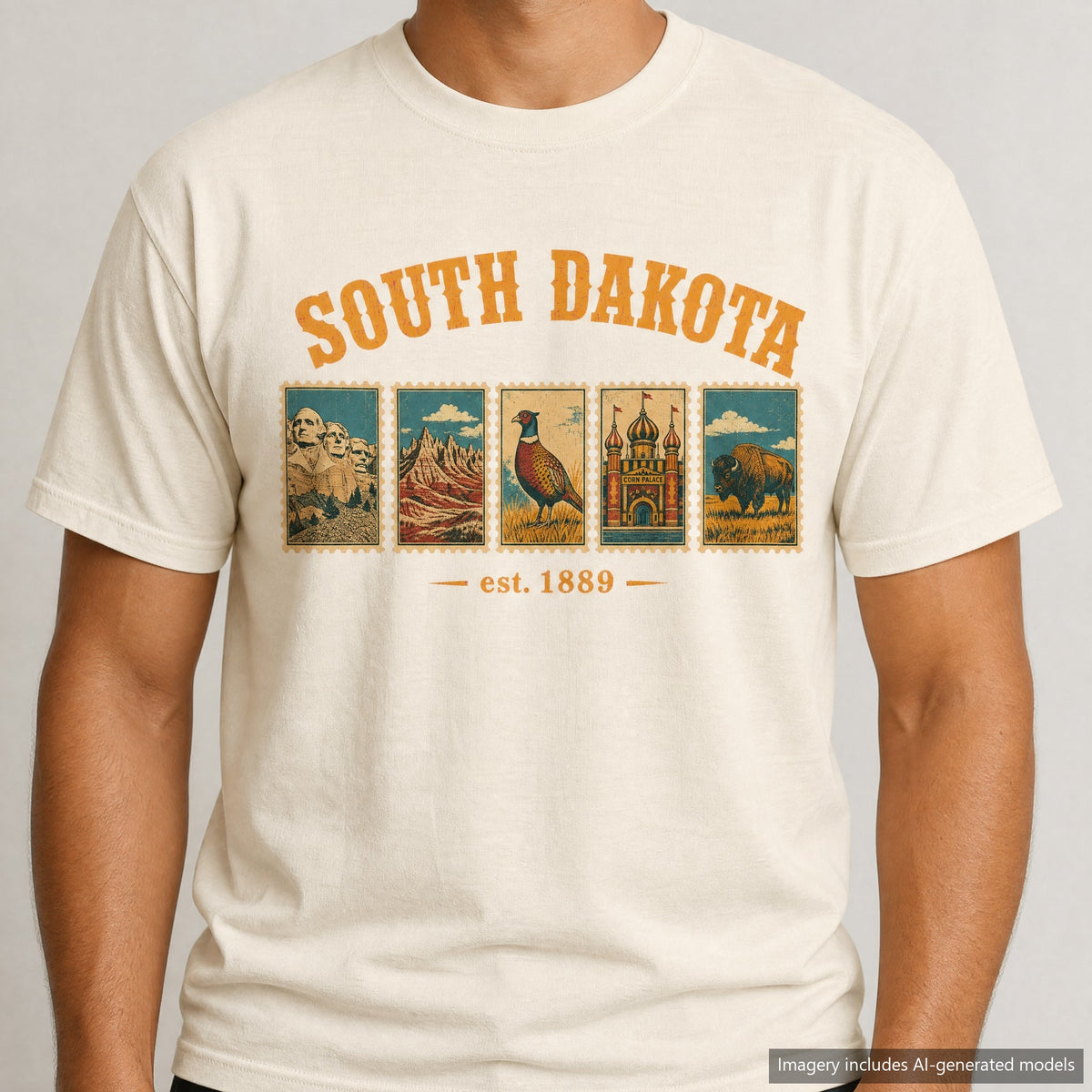 South Dakota Postage Stamp T-shirt, laid flat