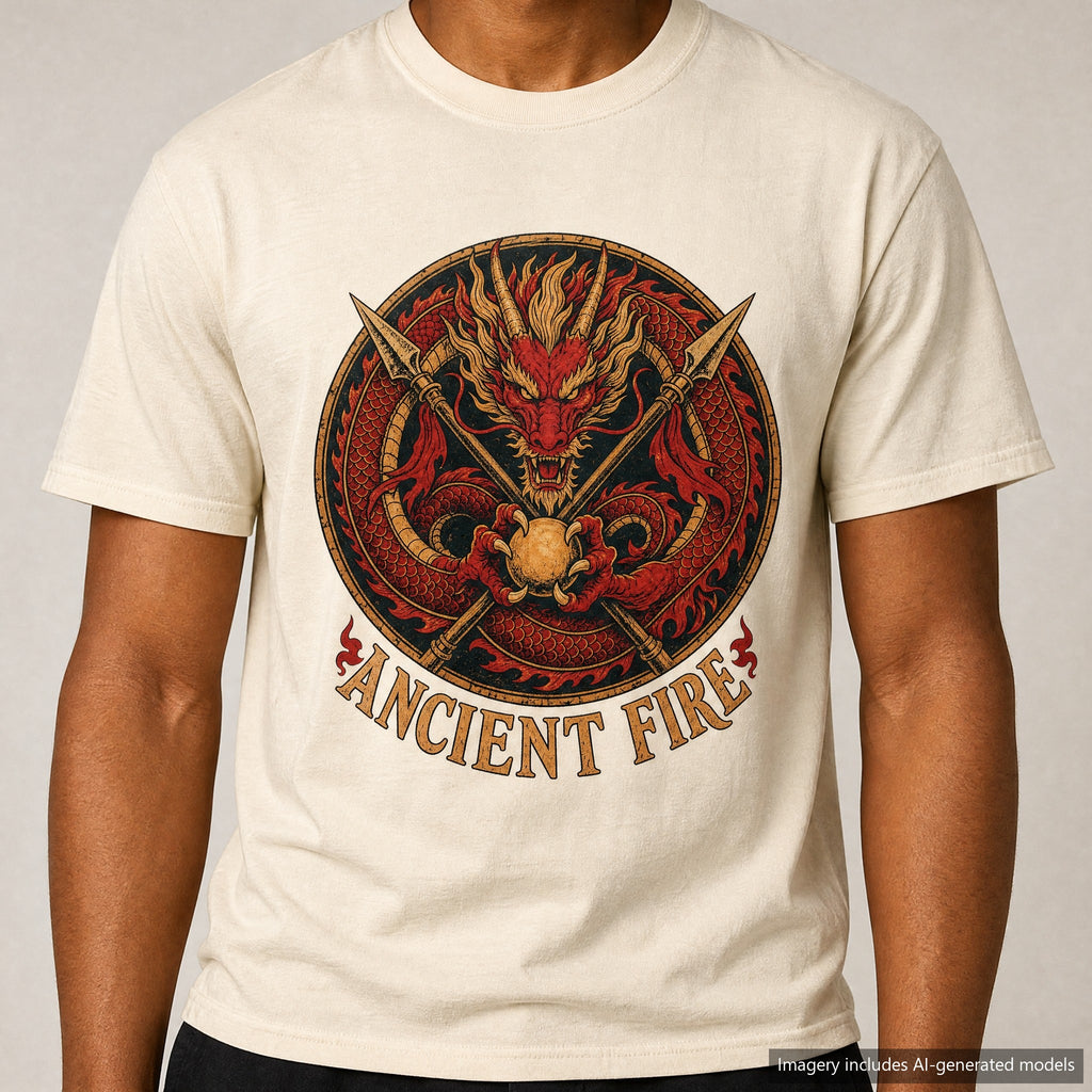 Ancient Fire Dragon T-shirt, laid flat