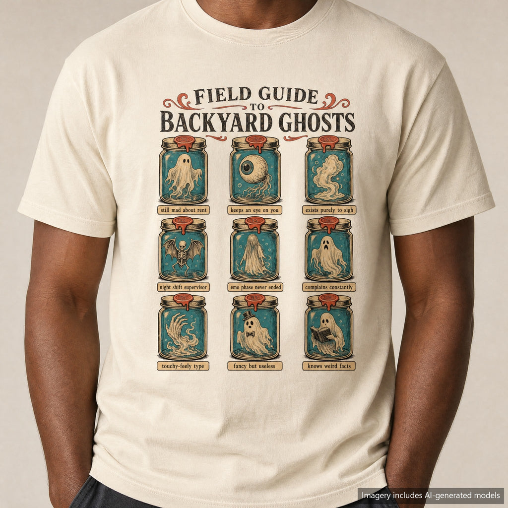 Field Guide to Backyard Ghosts T-shirt, laid flat