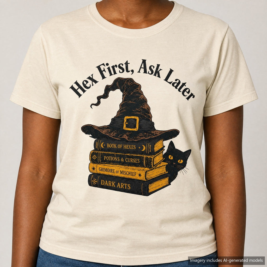 Hex First Ask Later T-shirt, laid flat