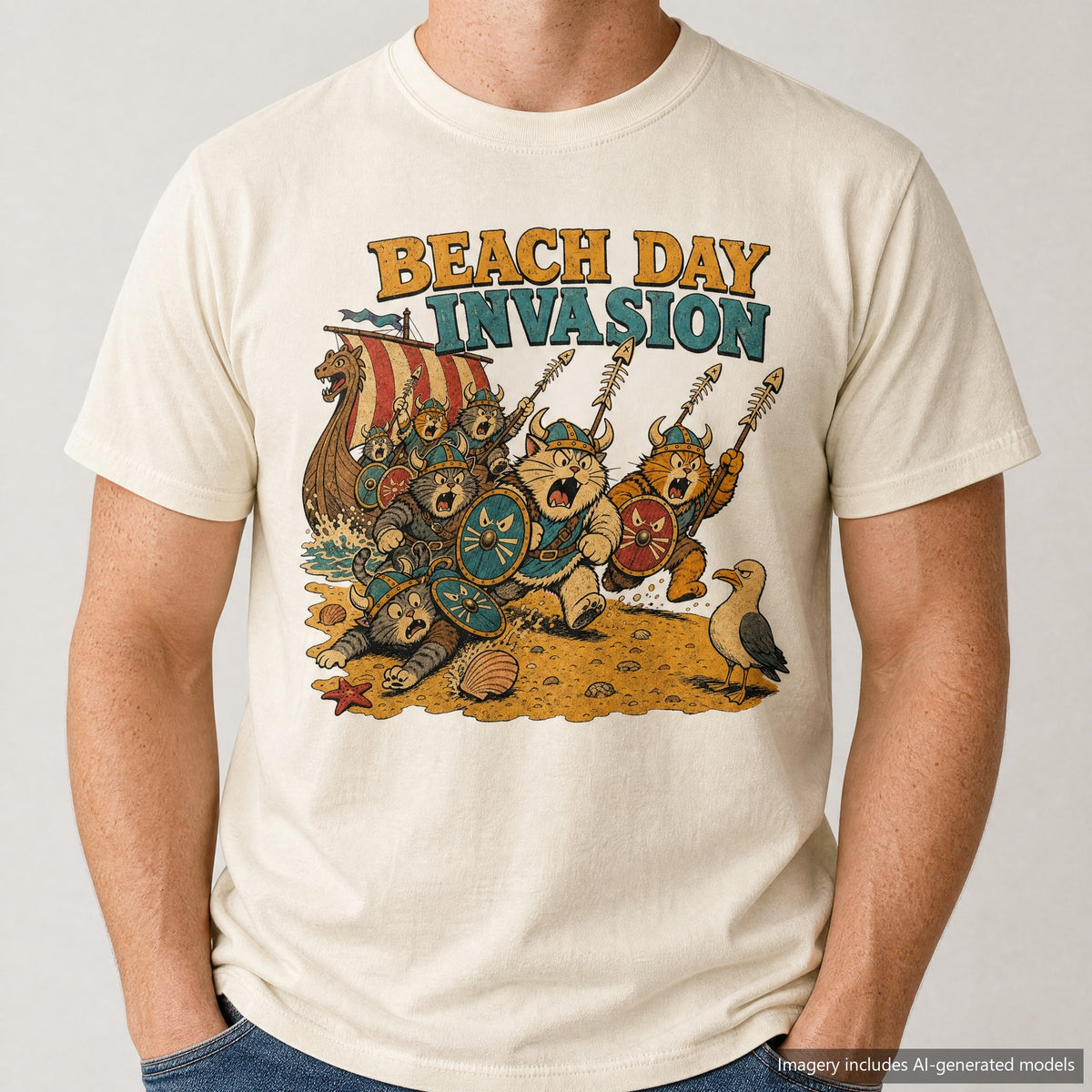 Viking Cats T-shirt, laid flat