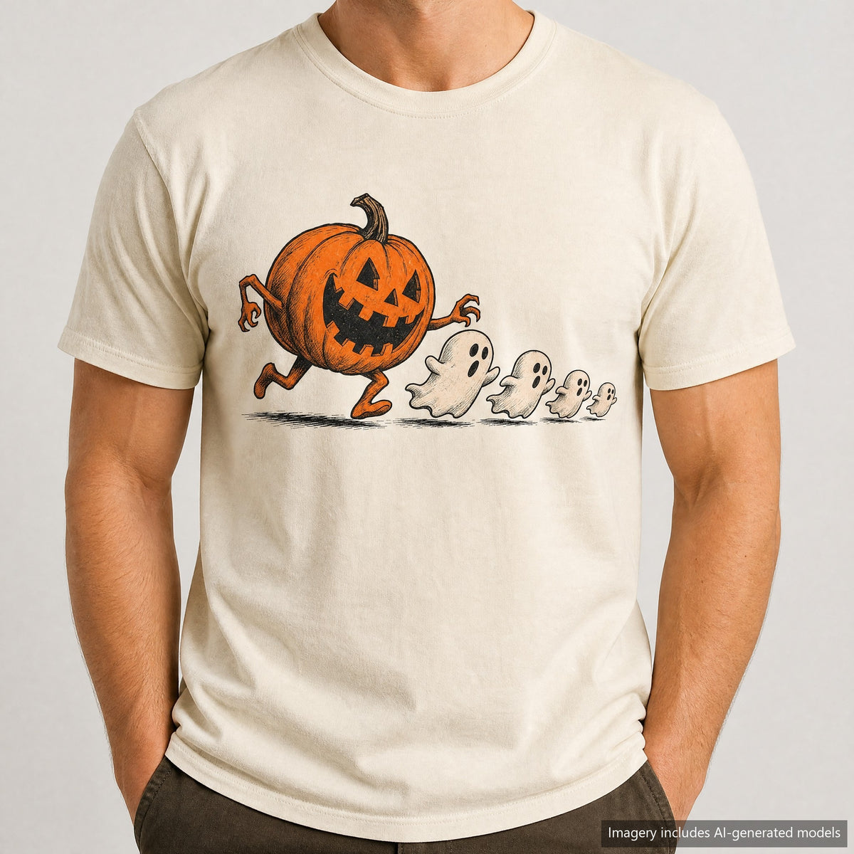 Jack-O-Lantern Chasing Ghosts T-shirt, laid flat