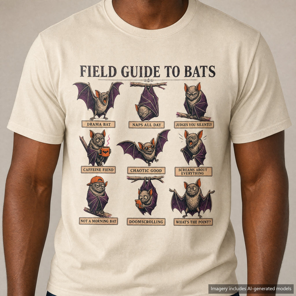 Field Guide to Bats T-shirt, laid flat