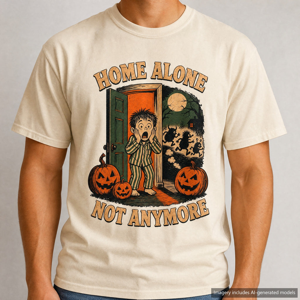 Home Alone Not Anymore T-shirt, laid flat
