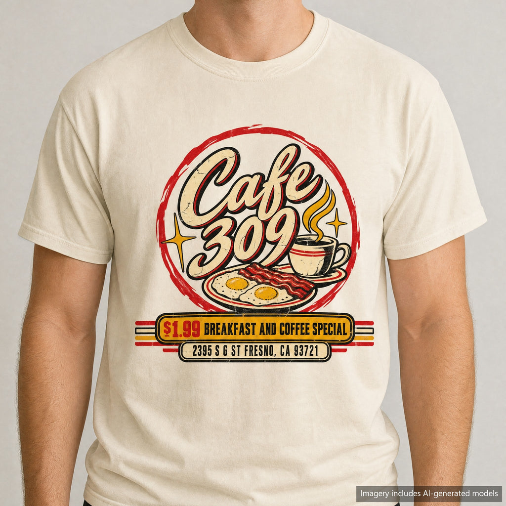 Cafe 309 T-shirt, laid flat