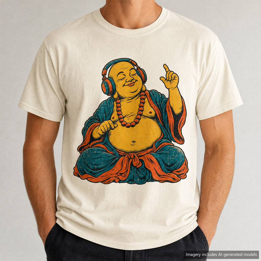 Buddha Headphones T-shirt, laid flat