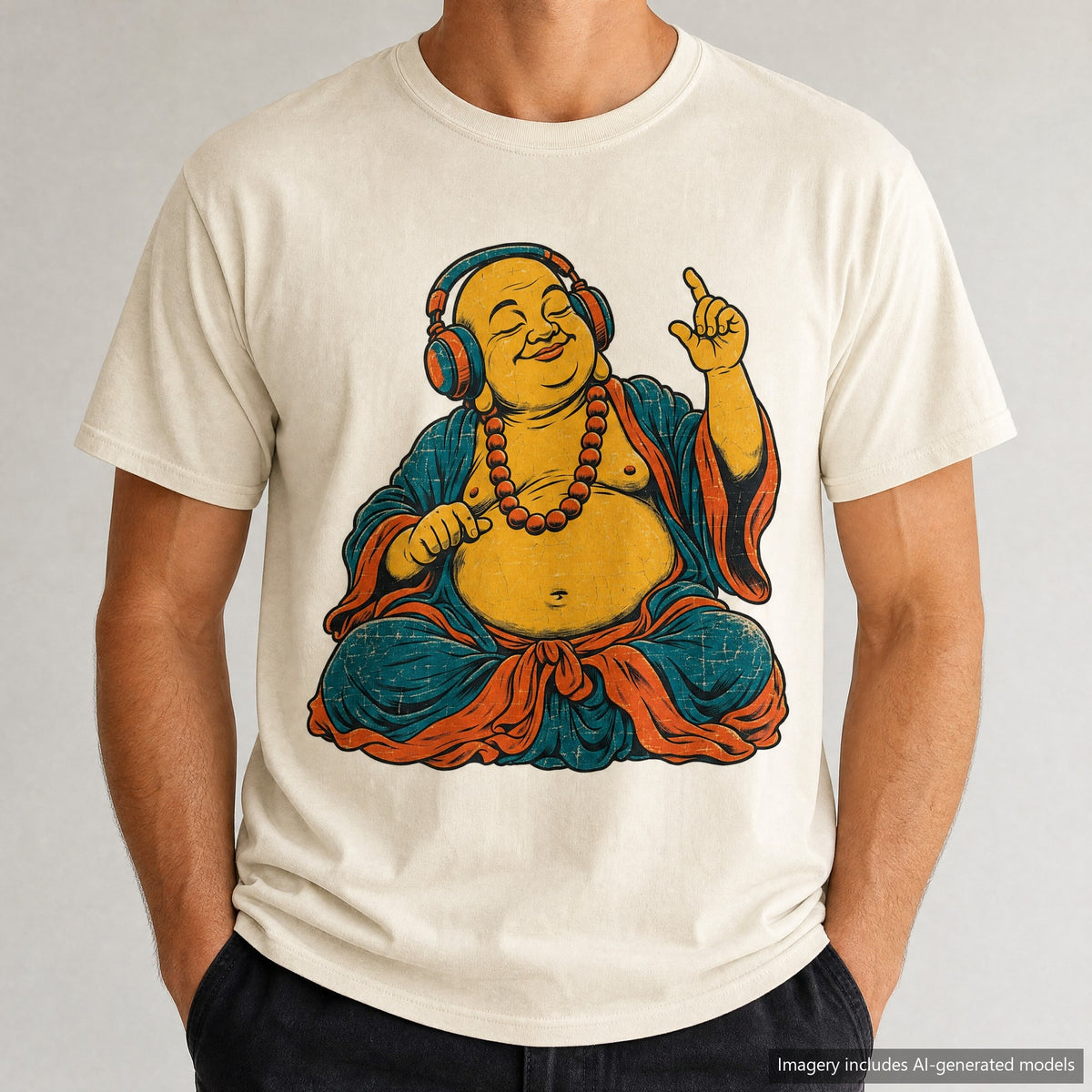 Buddha Headphones T-shirt, laid flat