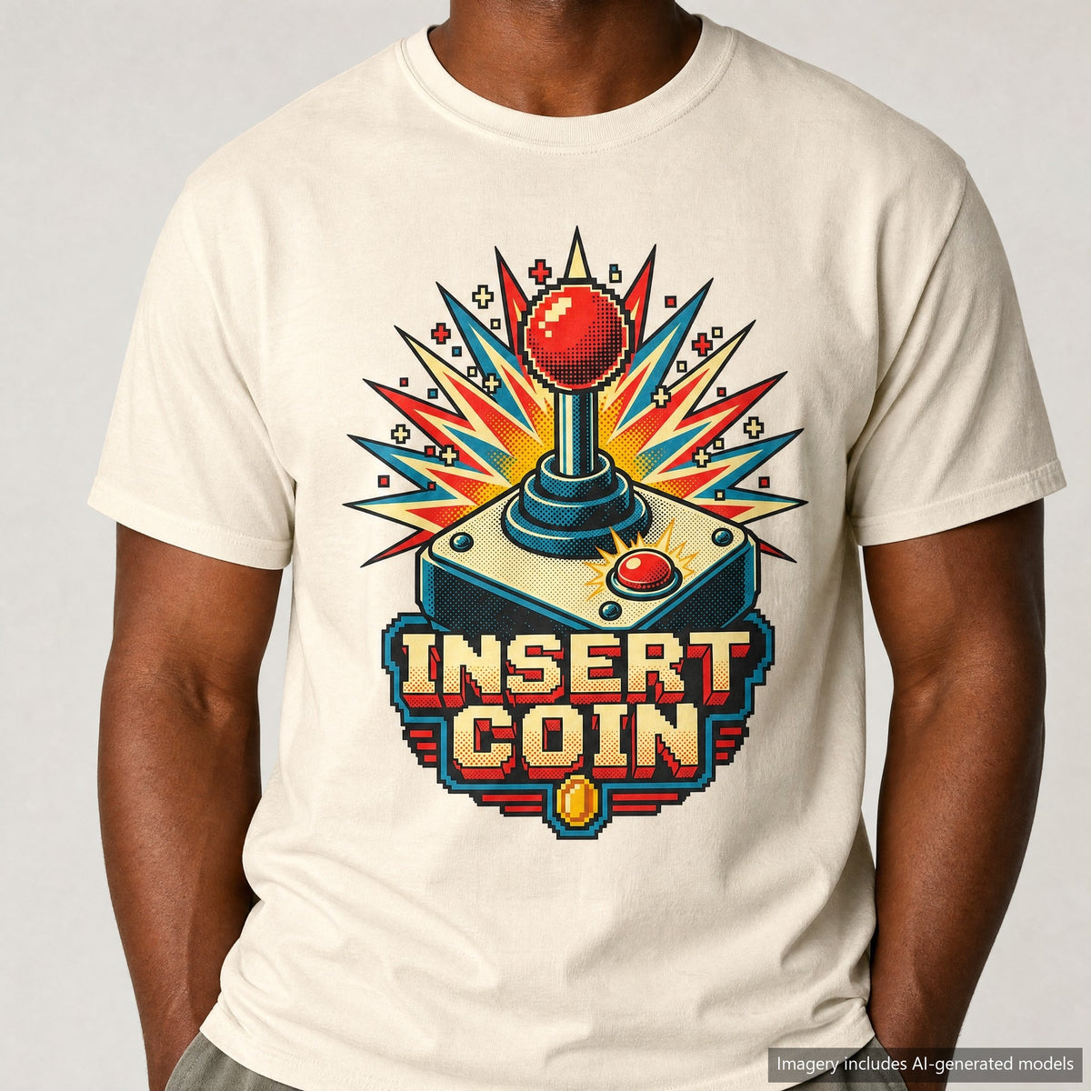 Insert Coin T-shirt, laid flat