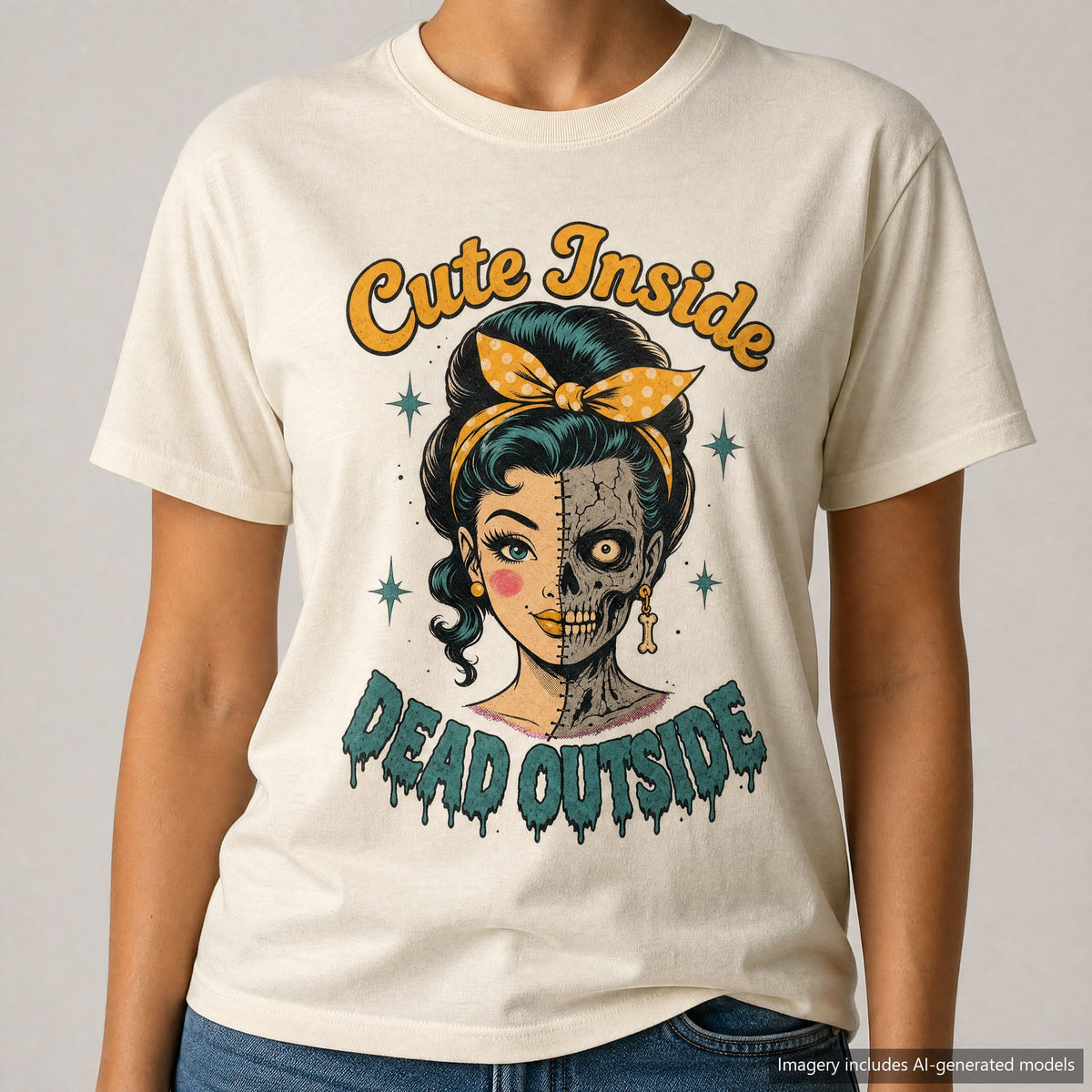 Cute Inside Dead Outside Zombie T-shirt, laid flat