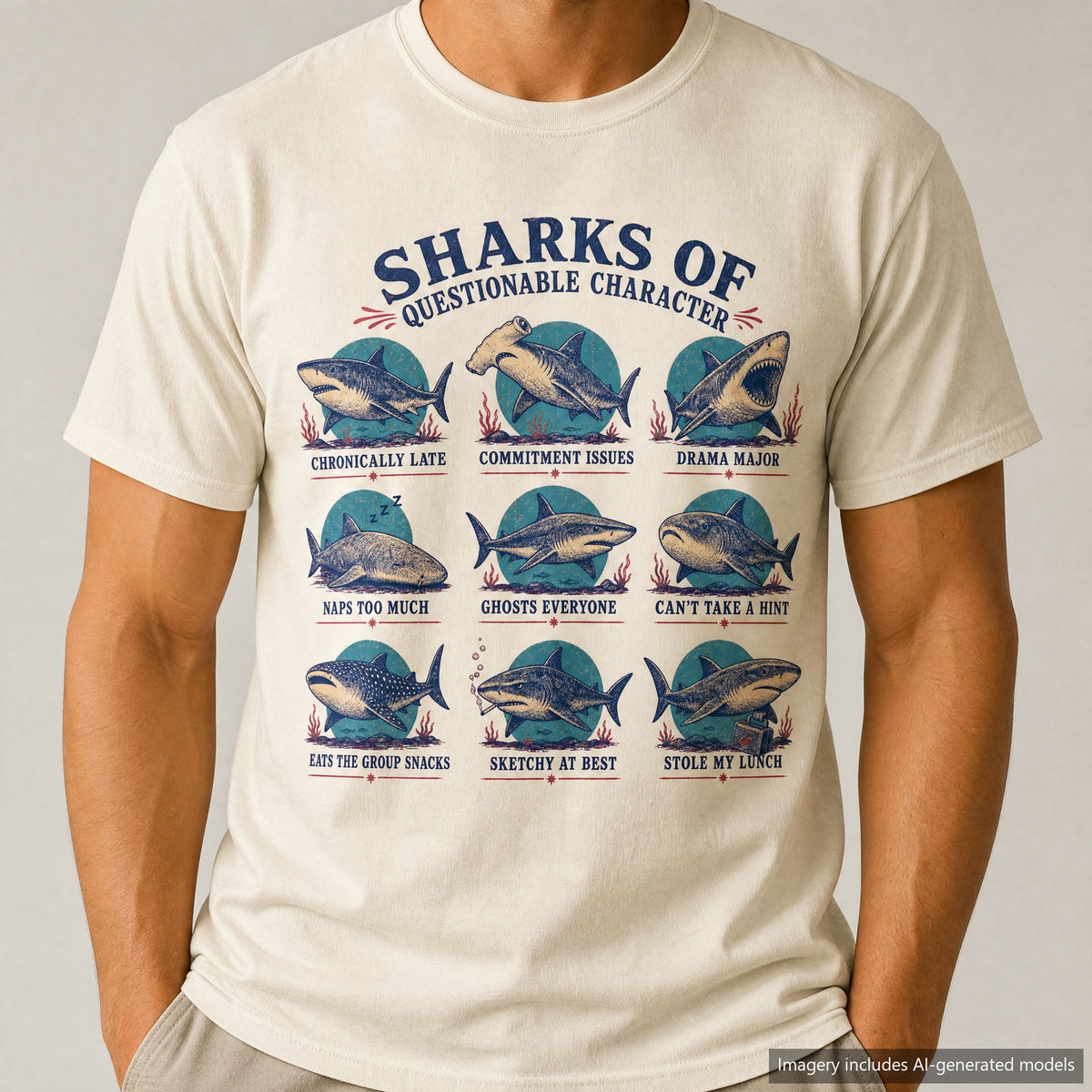 Sharks Of Questionable Character T-shirt, laid flat