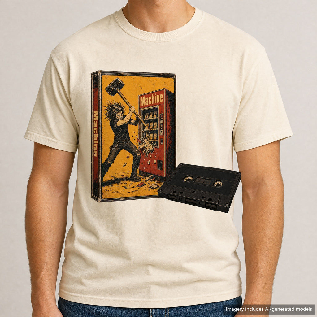 Sledgehammer Vending Machine Cassette T-shirt, laid flat