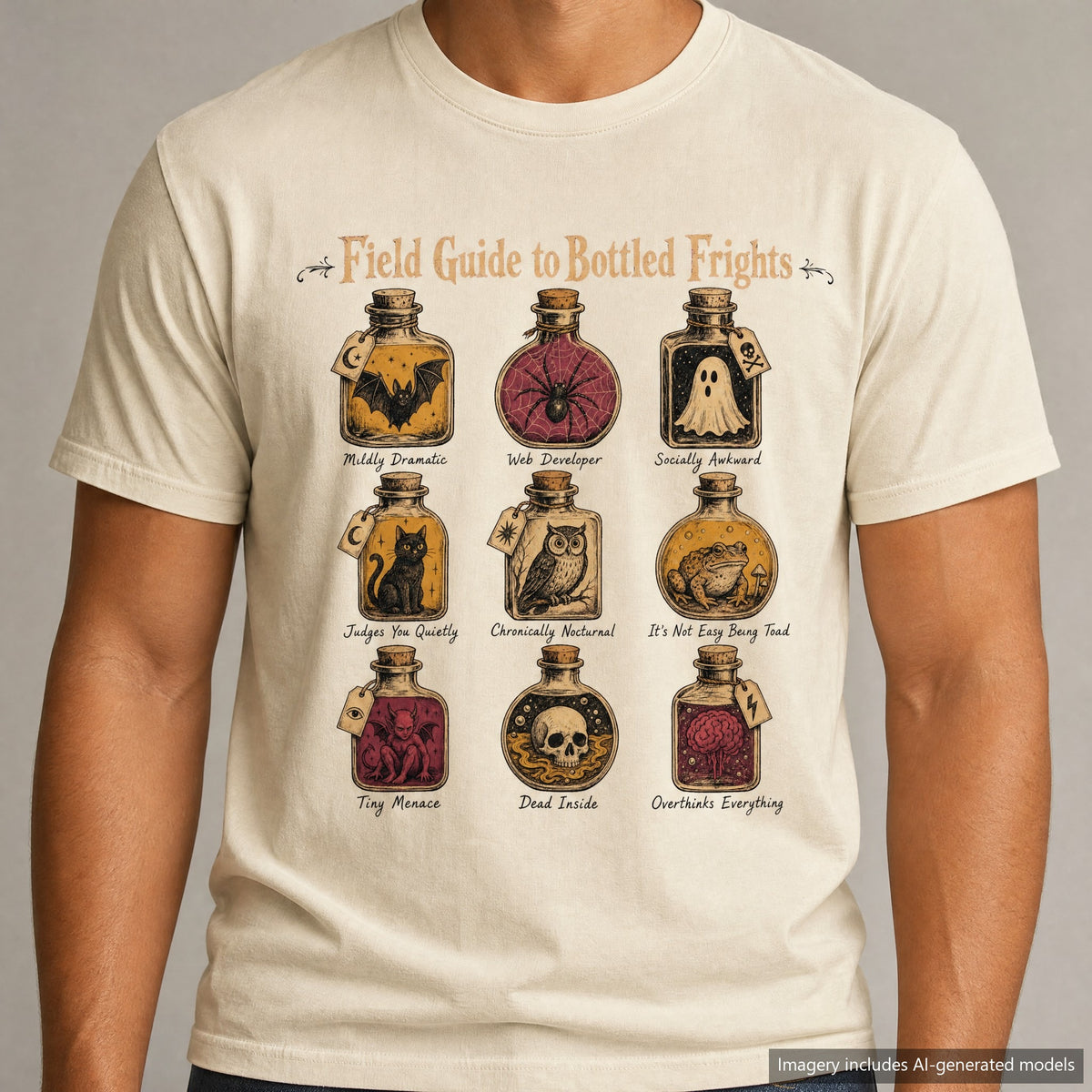 Field Guide to Bottled Frights T-shirt, laid flat