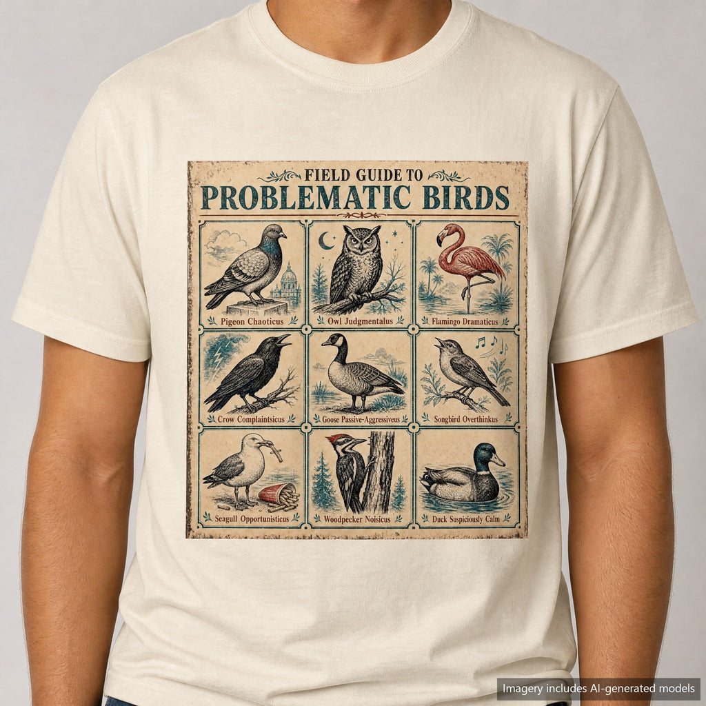 Field Guide to Problematic Birds T-shirt, laid flat