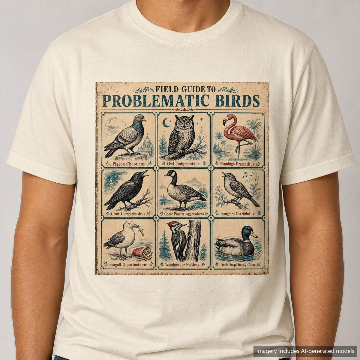 Field Guide to Problematic Birds T-shirt, laid flat