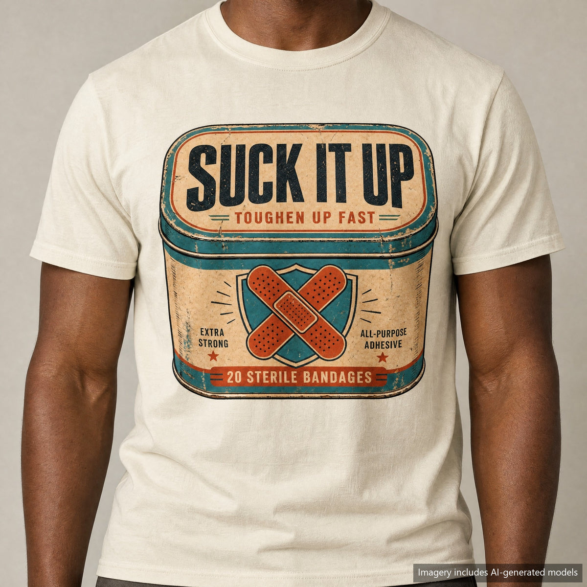 Suck It Up Bandage Tin T-shirt, laid flat