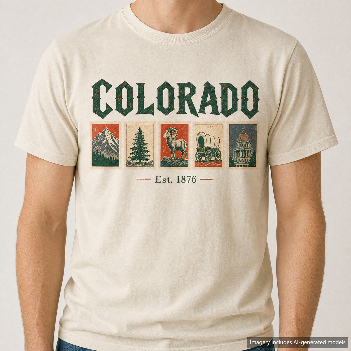 Colorado Postage Stamp T-shirt, laid flat