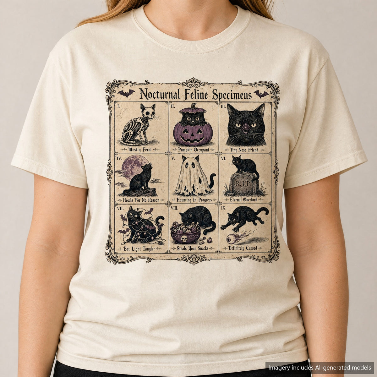 Nocturnal Feline Specimens T-shirt, laid flat