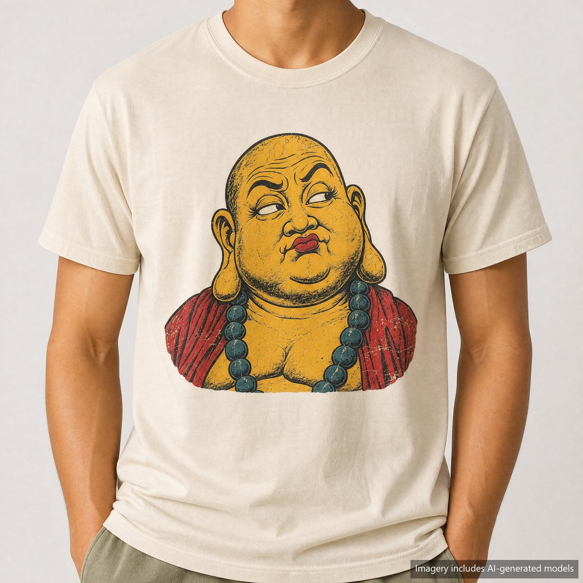 Buddha Side Eye T-shirt, laid flat