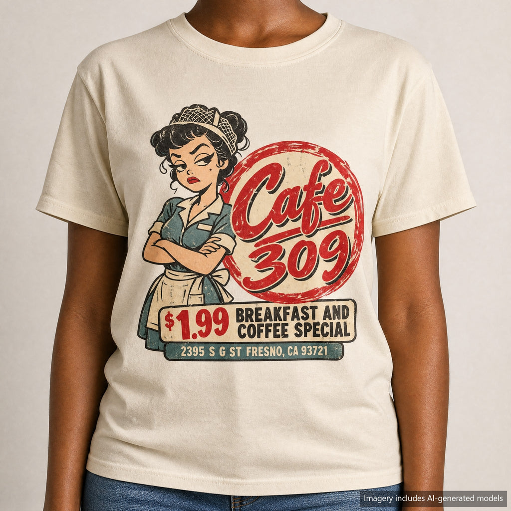 Cafe 309 T-shirt, laid flat