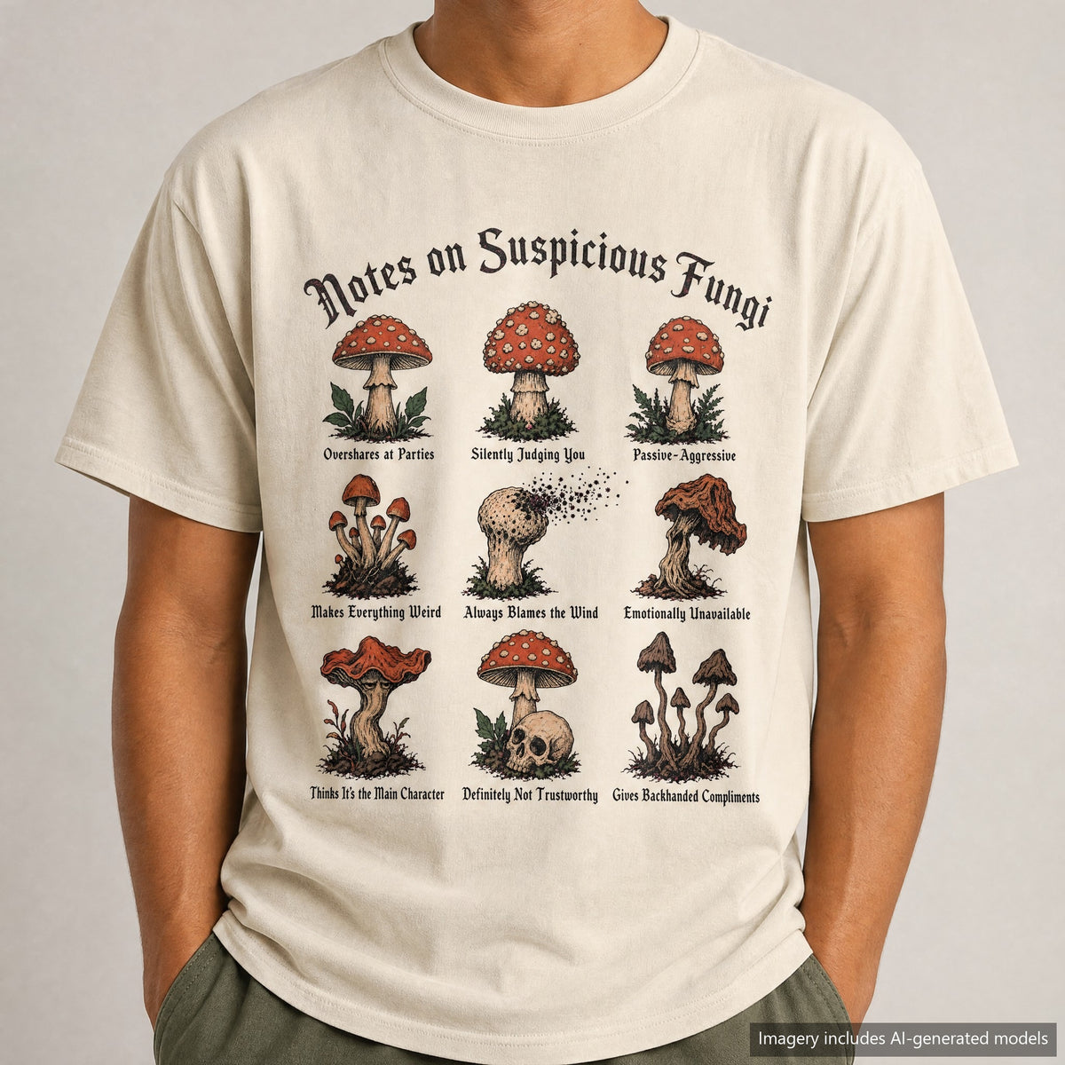 Notes on Suspicious Fungi T-shirt, laid flat