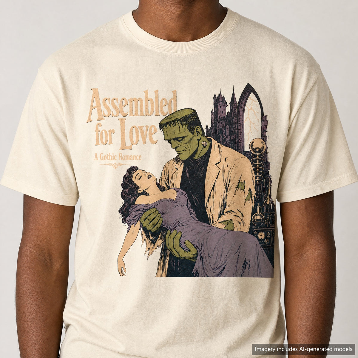 Assembled for Love Frankenstein Romance Novel T-shirt, laid flat